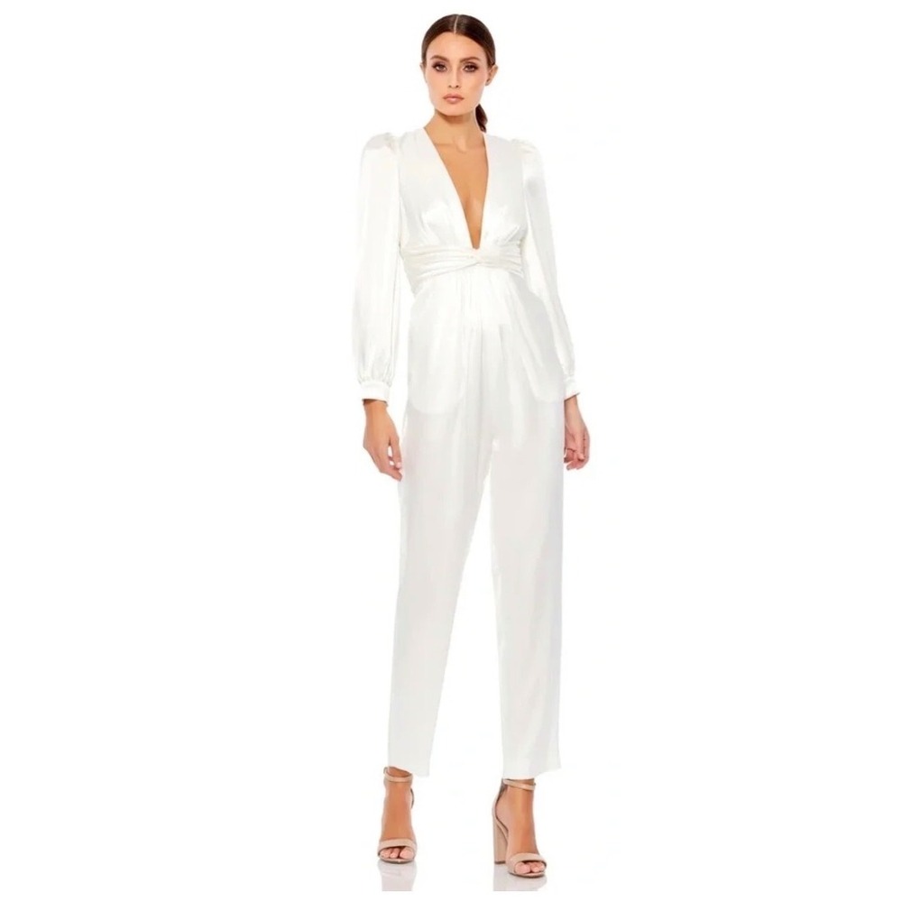 Ieena for Mac Duggal White Satin Puff Sleeve V-Neck Jumpsuit A2647 Bridal Size 0